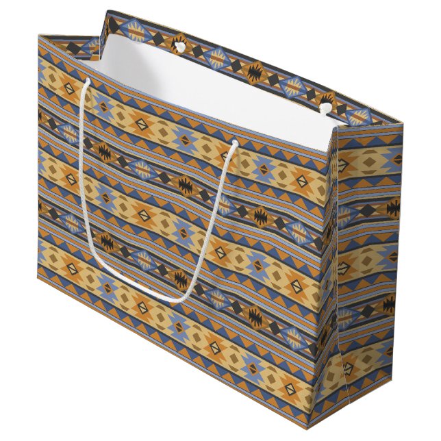Southwest Design Gold Blue Gray Tribal Pattern Large Gift Bag (Front Angled)
