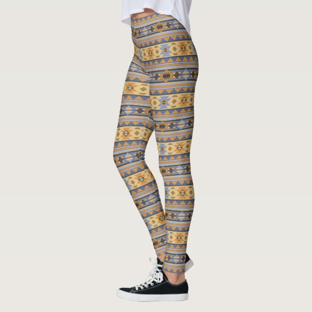 Southwest Design Gold Blue Gray Tribal Pattern Leggings (Left)