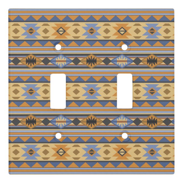 Southwest Design Gold Blue Gray Tribal Pattern Light Switch Cover (Front)