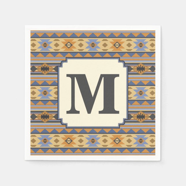 Southwest Design Gold Blue Gray Tribal Pattern Napkins (Front)