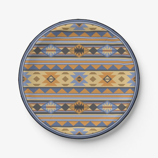 Southwest Design Gold Blue Gray Tribal Pattern Paper Plates (Front)