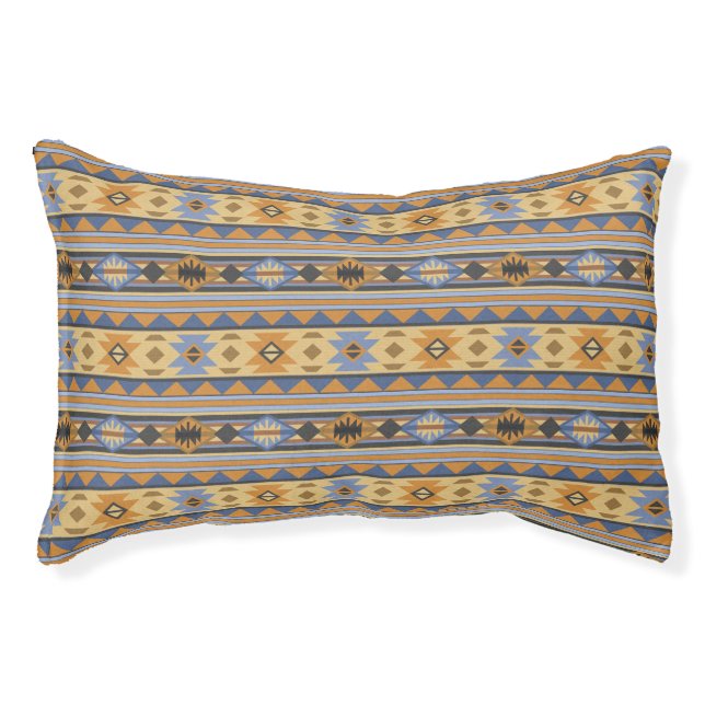 Southwest Design Gold Blue Gray Tribal Pattern Pet Bed (Front)