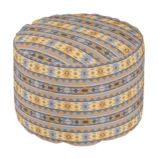Southwest Design Gold Blue Gray Tribal Pattern Pouf (Angled Front)