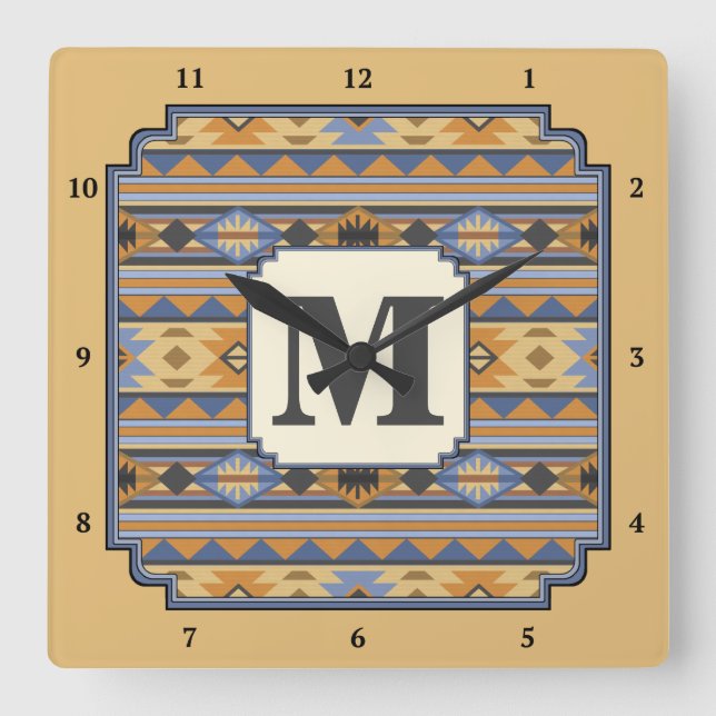 Southwest Design Gold Blue Gray Tribal Pattern Square Wall Clock (Front)
