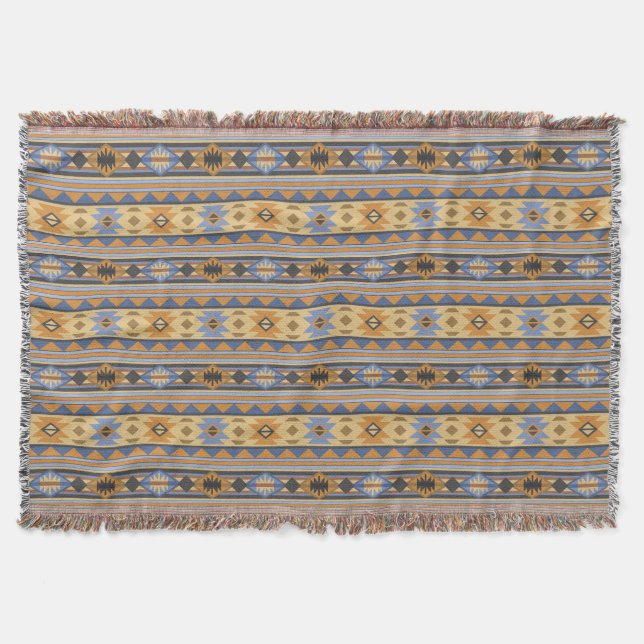 Southwest Design Gold Blue Gray Tribal Pattern Throw Blanket (Front)