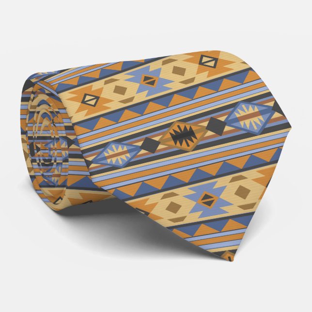 Southwest Design Gold Blue Gray Tribal Pattern Tie (Rolled)