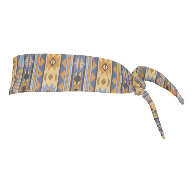 Southwest Design Gold Blue Gray Tribal Pattern Tie Headband (Rotate 90)