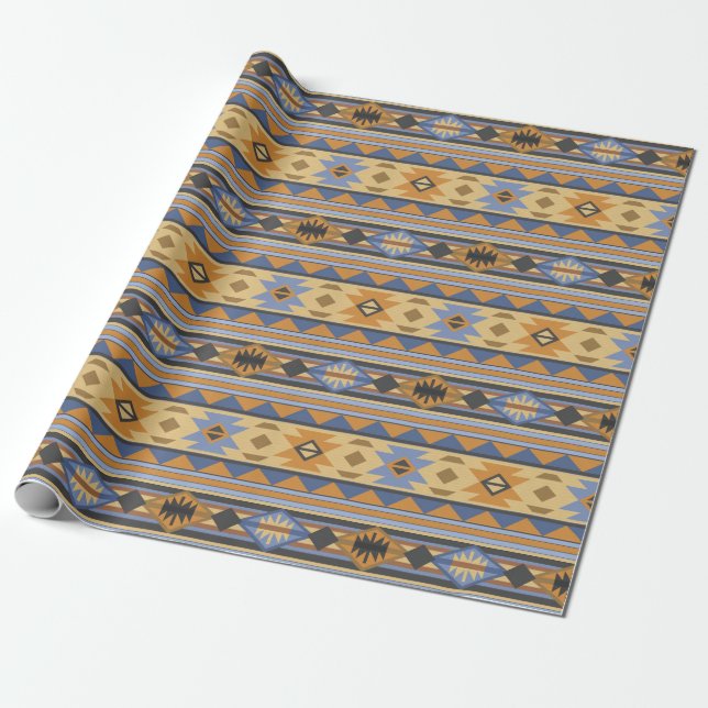 Southwest Design Gold Blue Gray Tribal Pattern Wrapping Paper (Unrolled)
