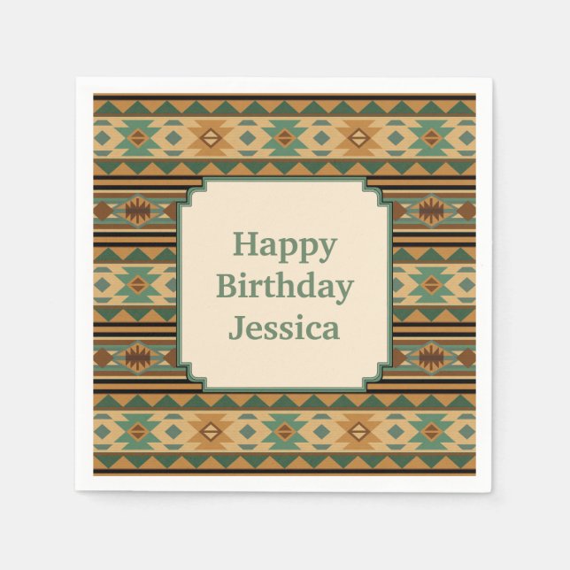 Southwest Design Green Brown Personalized Paper Napkins (Front)