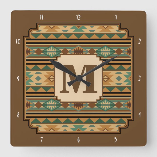 Southwest Design Green Brown Personalized Square Wall Clock (Front)