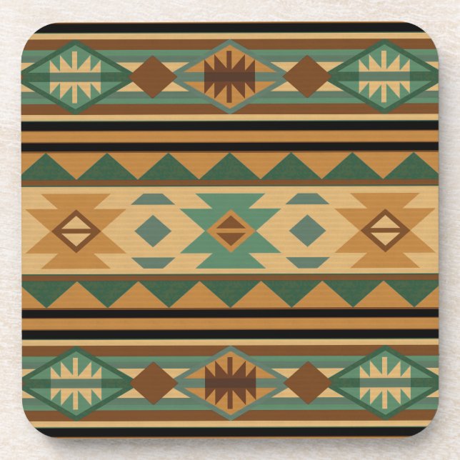 Southwest Design Green Brown Tan Beverage Coaster (Front)