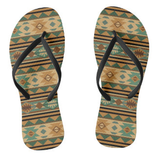 Southwest Design Green Brown Tan Flip Flops