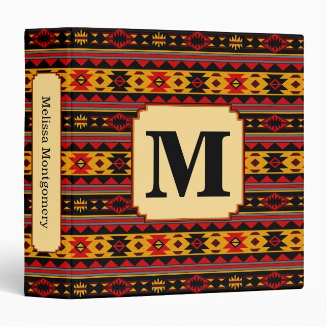 Southwest Design Red Black Gold Tribal Pattern Binder (Front/Spine)