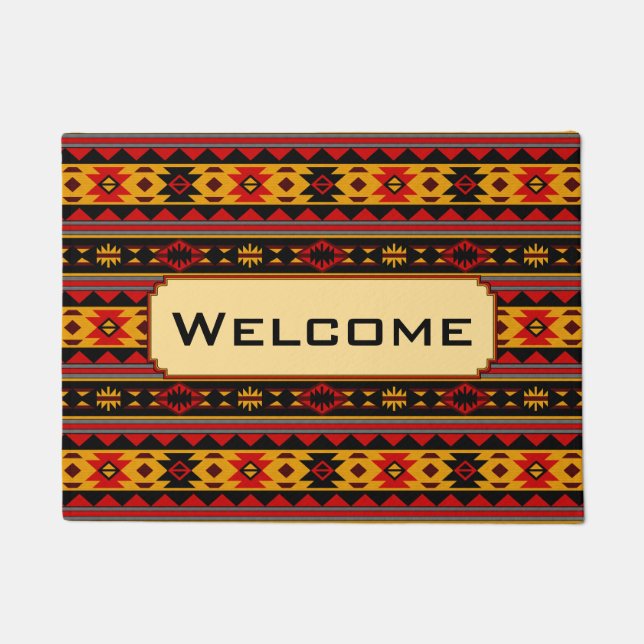 Southwest Design Red Black Gold Tribal Pattern Doormat (Front)
