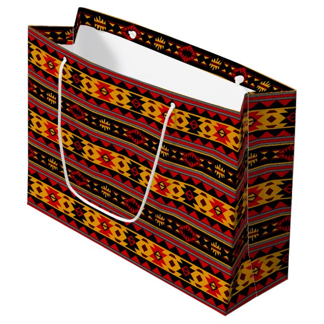 Southwest Design Red Black Gold Tribal Pattern Large Gift Bag (Front Angled)