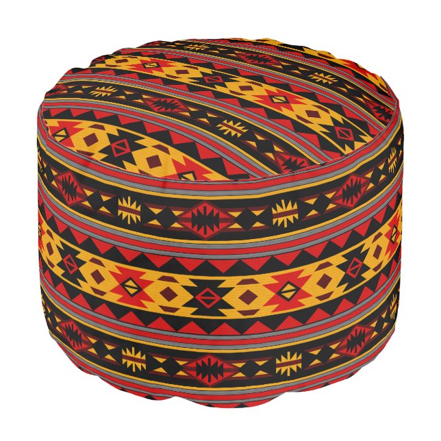 Southwest Design Red Black Gold Tribal Pattern Pouf (Angled Front)