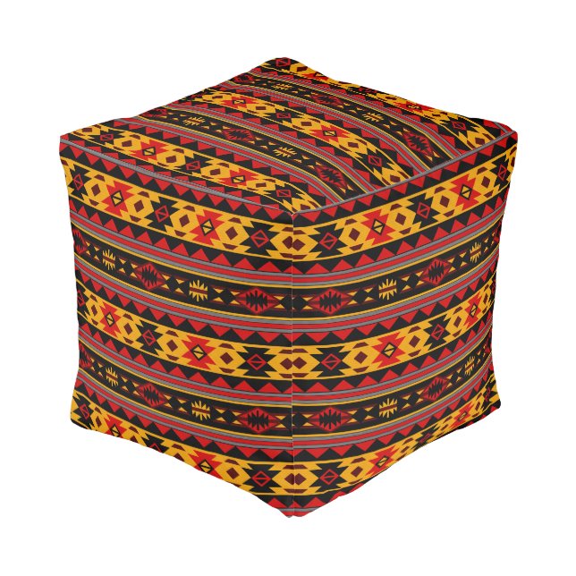 Southwest Design Red Black Gold Tribal Pattern Pouf (Angled Front)