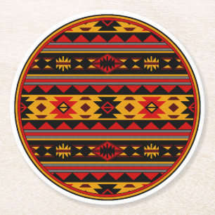 Southwest Design Red Black Gold Tribal Pattern Round Paper Coaster