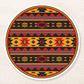 Southwest Design Red Black Gold Tribal Pattern Round Paper Coaster