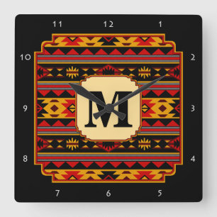 Southwest Design Red Black Gold Tribal Pattern Square Wall Clock