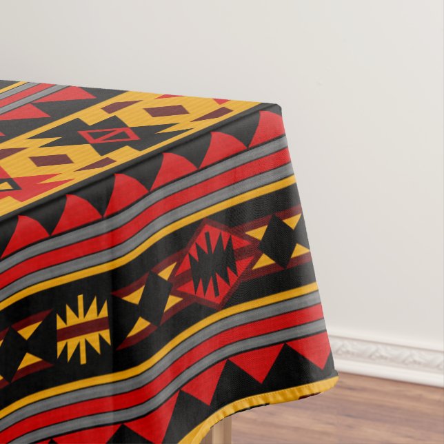 Southwest Design Red Black Gold Tribal Pattern Tablecloth (In Situ)