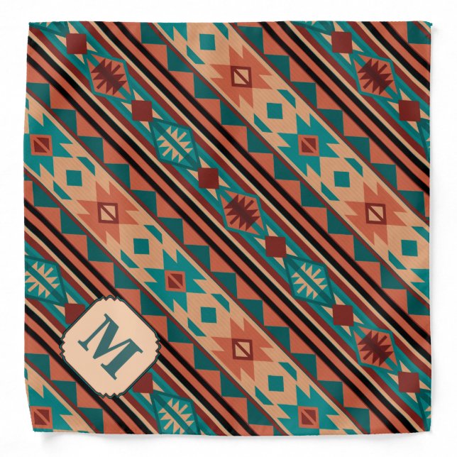 Southwest Design Turquoise Terracotta Monogram Bandana (Front)
