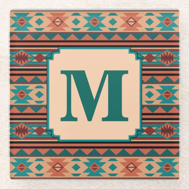 Southwest Design Turquoise Terracotta Monogram Glass Coaster (Front)