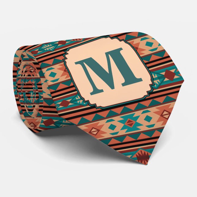 Southwest Design Turquoise Terracotta Monogram Neck Tie (Rolled)