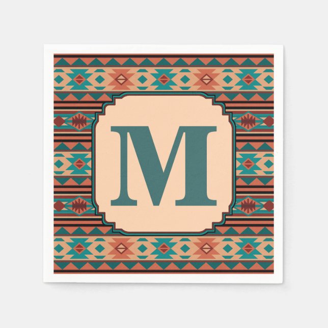 Southwest Design Turquoise Terracotta Monogram Paper Napkins (Front)