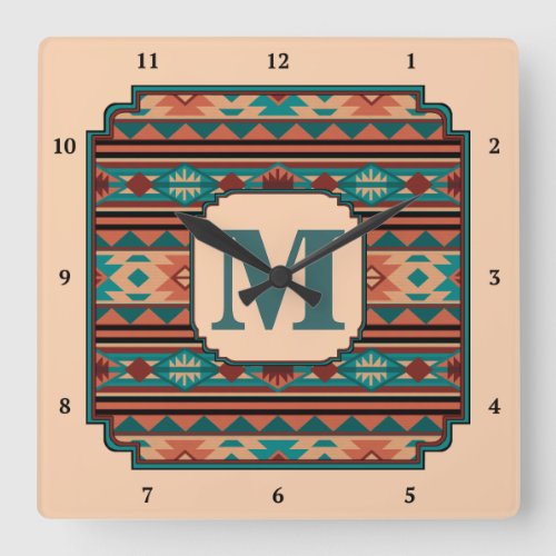 Southwest Design Turquoise Terracotta Monogram Square Wall Clock