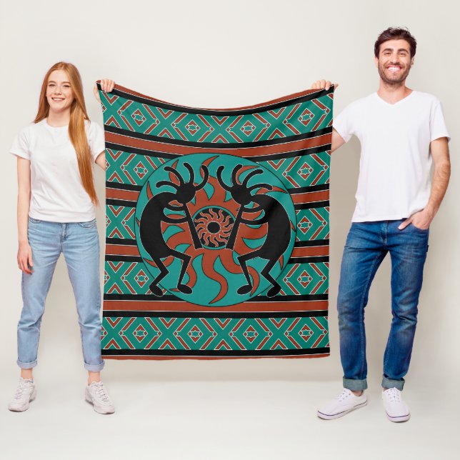 Southwest Design Turquoise Tribal Sun Kokopelli Fleece Blanket (In Situ)