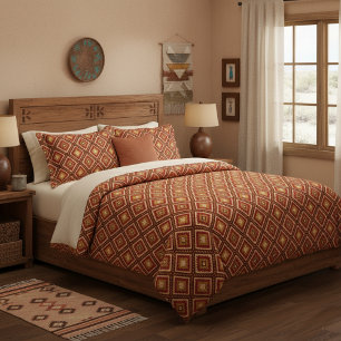 Southwest Diamond Rust Red & Beige Navajo Style Duvet Cover