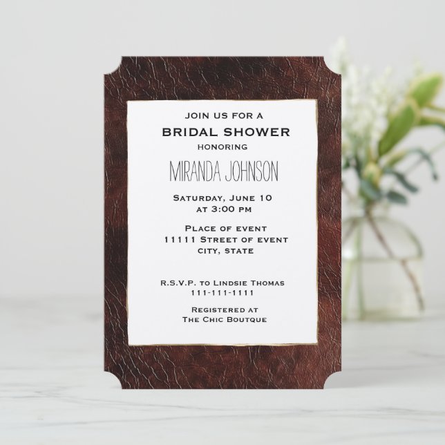 Southwest Faux Brown Leather Cowhide Bridal Shower Invitation (Standing Front)