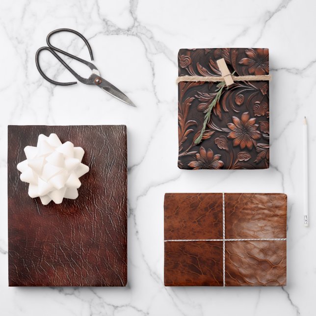 Southwest Faux Brown Leather Cowhide Floral Wrapping Paper Sheets (Front)