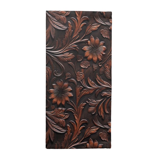 Southwest Faux Brown Leather Cowhide Flowers Cloth Napkin (Half Fold)