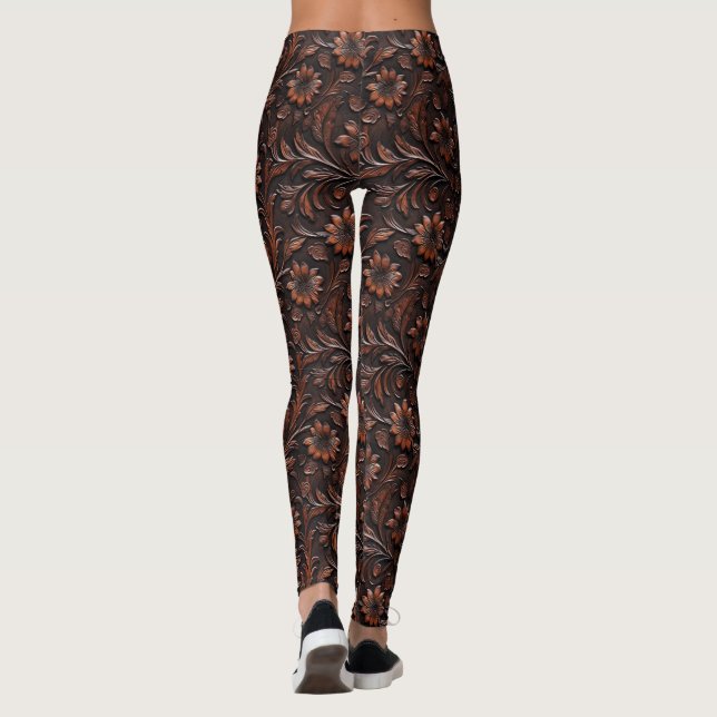 Southwest Faux Brown Leather Cowhide Flowers Leggings (Back)