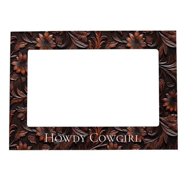 Southwest Faux Brown Leather Cowhide Flowers Magnetic Frame (Front)