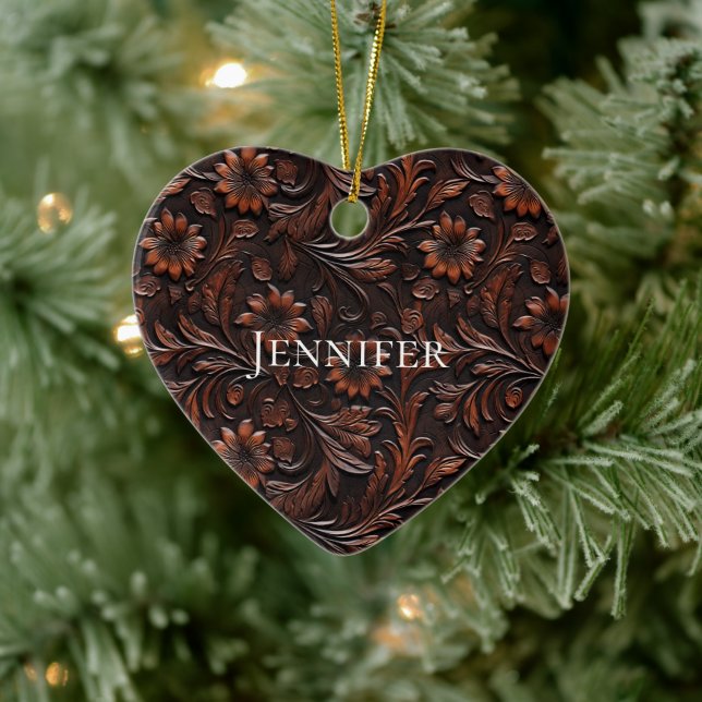 Southwest Faux Brown Leather Cowhide Flowers Name Ceramic Ornament (Tree)