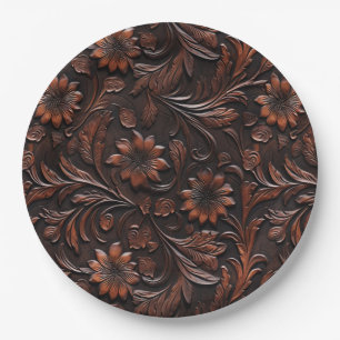 Southwest Faux Brown Leather Cowhide Flowers Paper Plates