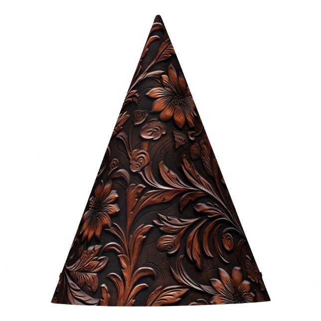 Southwest Faux Brown Leather Cowhide Flowers Party Hat (Front)