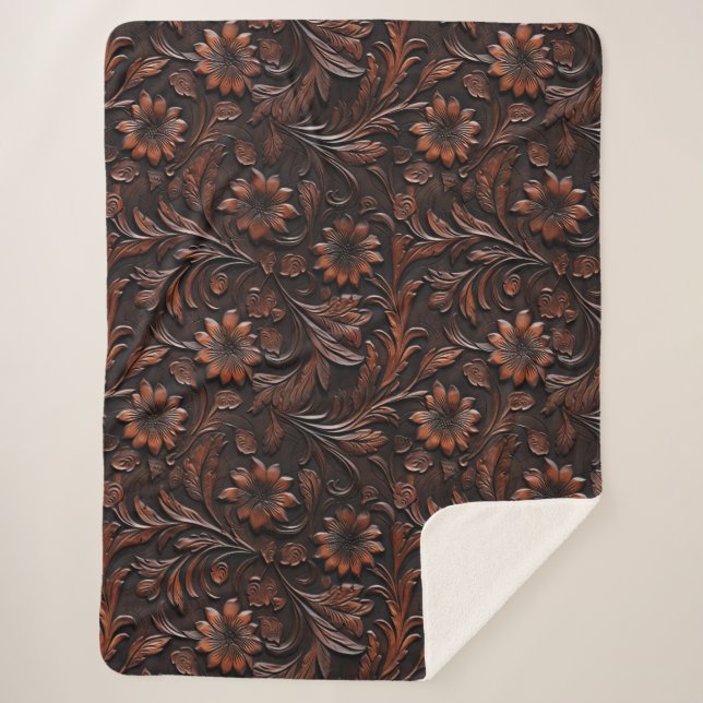 Southwest Faux Brown Leather Cowhide Flowers Sherpa Blanket (Front)