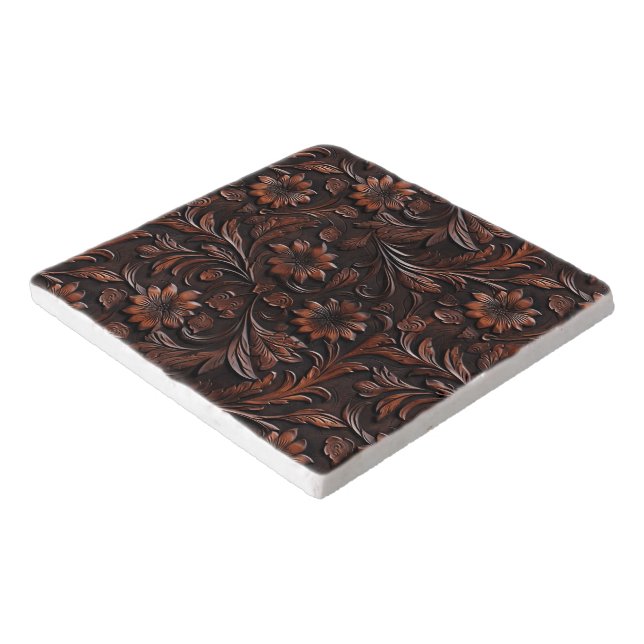 Southwest Faux Brown Leather Cowhide Flowers Trivet (Corner)