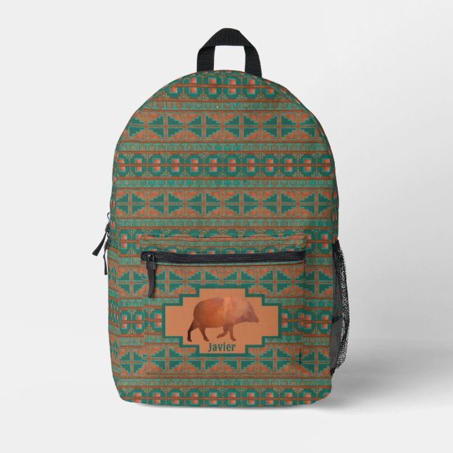 Southwest Fun Javelina Copper Teal Personalized Printed Backpack (Front)