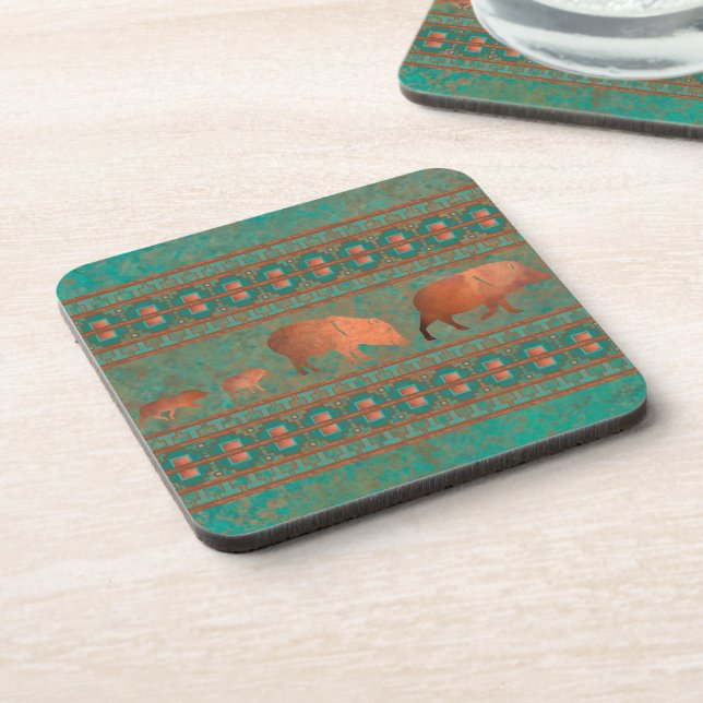 Southwest Fun Javelina Family Copper Teal Beverage Coaster (Left Side)