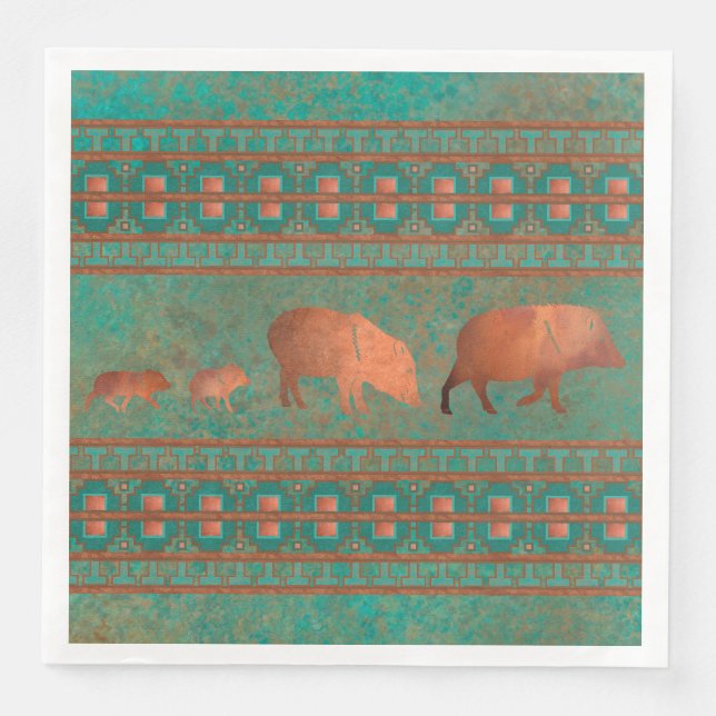 Southwest Fun Javelina Family Copper Teal Paper Dinner Napkins (Front)