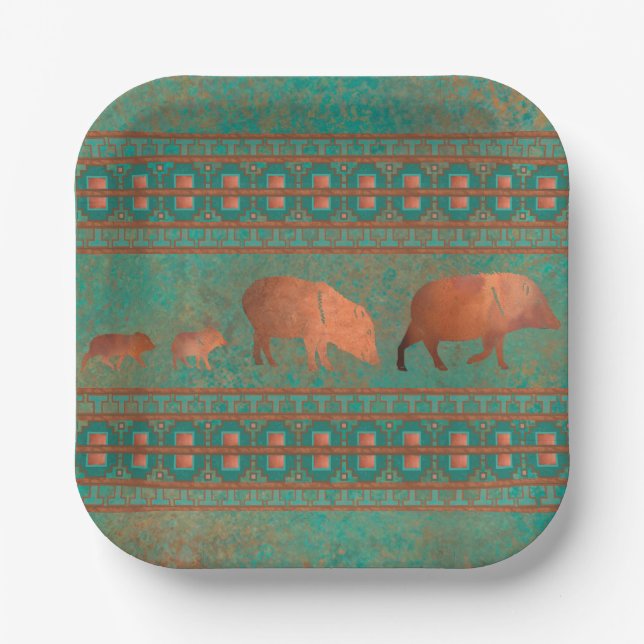Southwest Fun Javelina Family Copper Teal Paper Plates (Front)