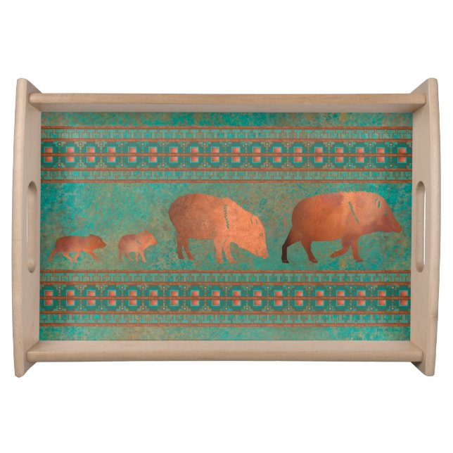 Southwest Fun Javelina Family Copper Teal Serving Tray (Front)