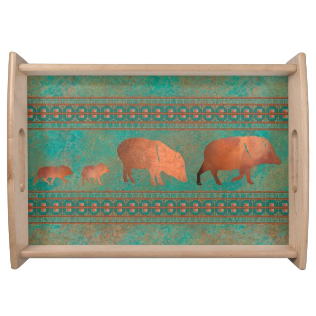 Southwest Fun Javelina Family Copper Teal Serving Tray (Front)