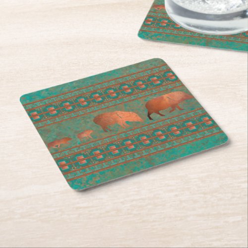 Southwest Fun Javelina Family Copper Teal Square Paper Coaster