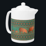 Southwest Fun Javelina Family Copper Teal Teapot<br><div class="desc">A verdigris copper patina colored background in teals and turquoise with fun copper colored javelina silhouettes, bordered by geometric patterns inspired by the colors, designs and collared peccarys living near the artist's home in the southwest. Your purchase of my designs on Zazzle products helps support my livelihood as an artist!...</div>